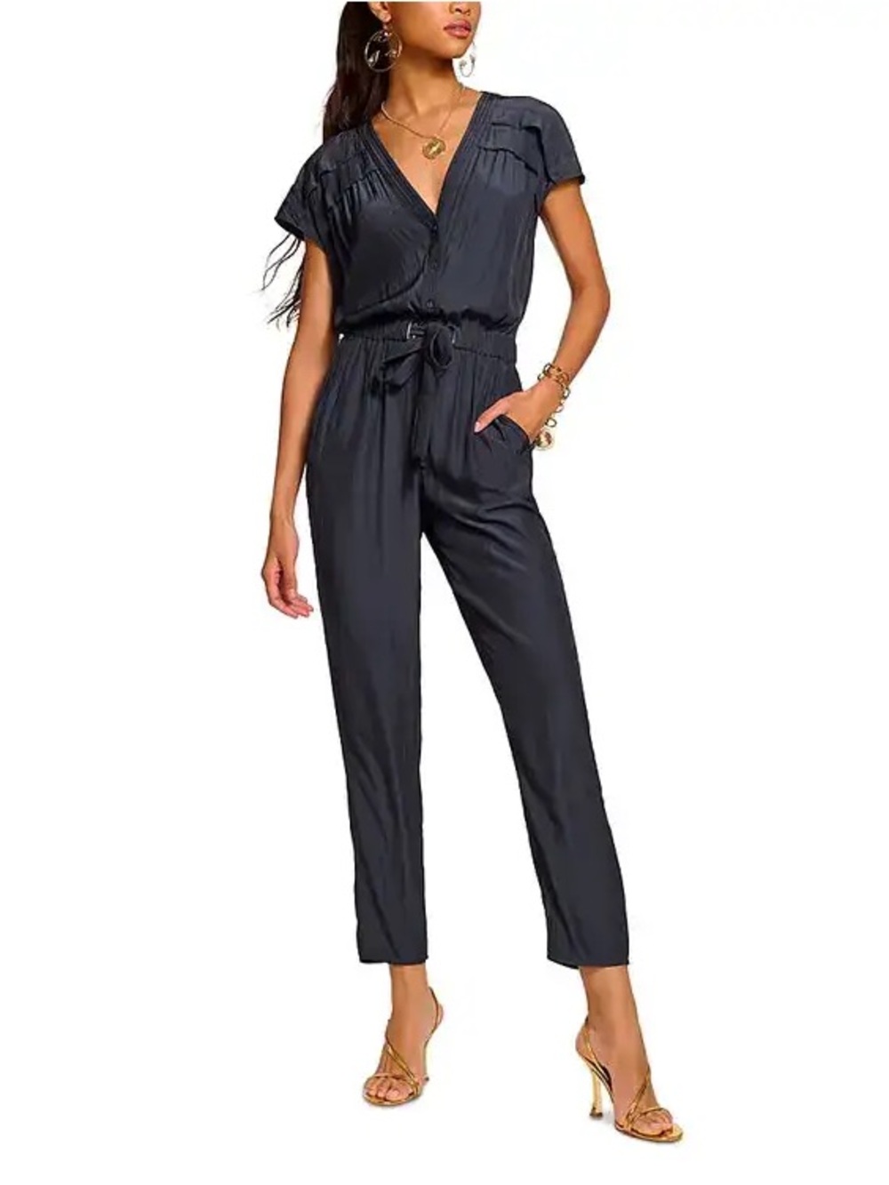 Ramy Brook Black V-Neck Short Sleeve Tie-Waist Jumpsuit (Navy)